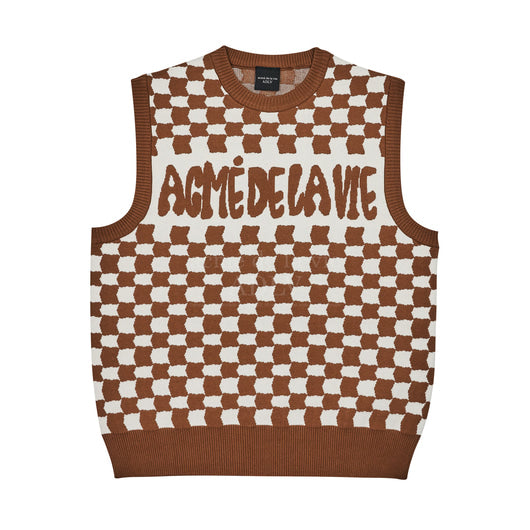 アクメドラビ(acme' de la vie) CHECKER BOARD KNIT VEST BROWN