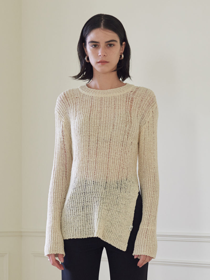 TMO BY 13MONTH（ティーエムオーバイサーティンマンス）MESH SIDE SLIT KNIT TOP (IVORY)