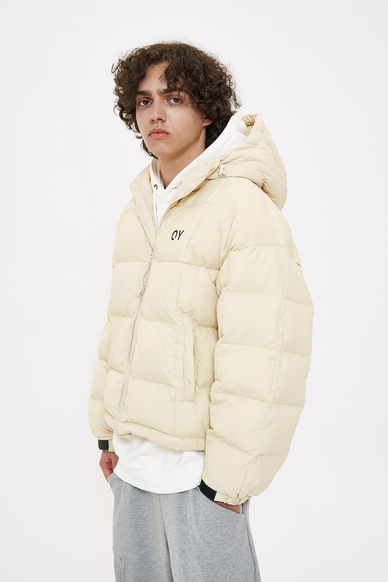 オーワイ(OY) SQUARE BLOCK HOODIE DOWN JUMPER-SAND BEIGE