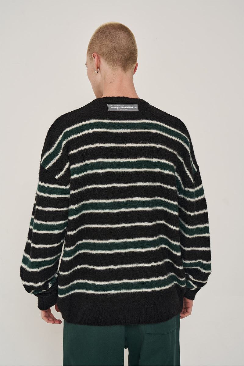 オーワイ(OY) MOHAIR STRIPE KNIT-BLACK/GREEN