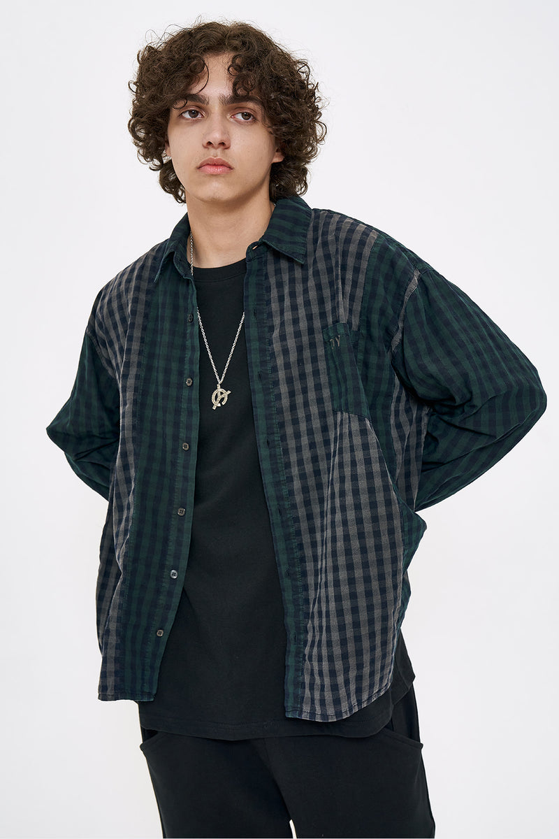 オーワイ(OY) PIGMENT MIX CHECK SHIRTS-DARK NAVY/GREEN