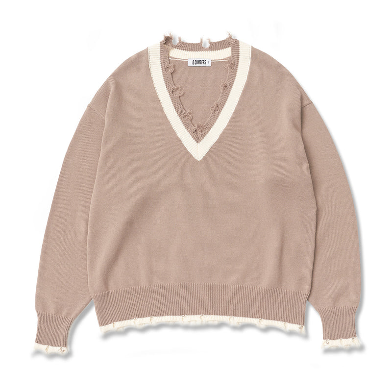 Q CUMBERS (キューカンバース) V-NECK DISTRESSED SWEATER / Beige