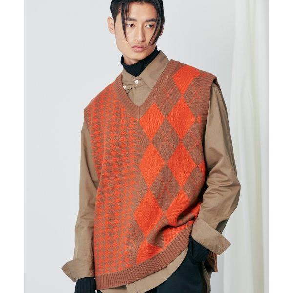 SSY(エスエスワイ) Argyle & hound check knit vest orange