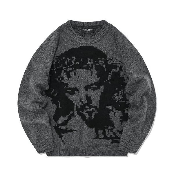 セイントペイン(SAINTPAIN)    SP SOFT JACQUARD CROWN OF THORNS KNIT-CHARCOAL