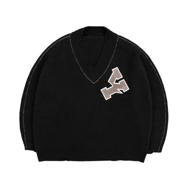 オーワイ(OY) 		OVERSIZE DESTROYED LOGO V NECK KNIT-BLACK
