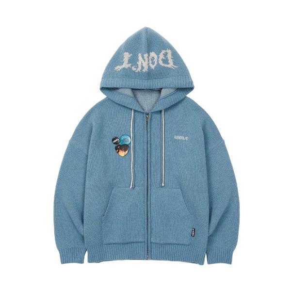 アジョバイアジョ(AJOBYAJO)             Oversized (19) Slogan Wool Knit Zip-Up Hoodie [SKY BLUE]
