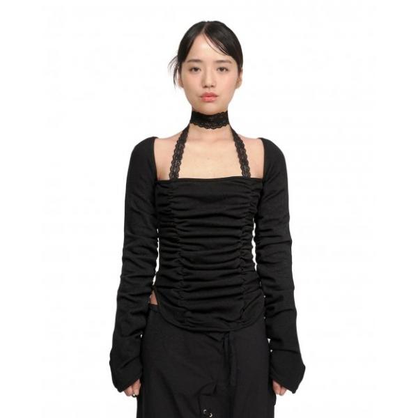 ruru (ルル)  LACE SHIRRING SQUARE TOP [BLACK]