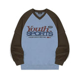 Odd Studio (オッドスタジオ)　Youth Sports Track V-Neck Raglan Oversized Fit Sweatshirt - INDIE BLUE/BROWN