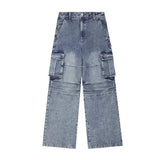 Odd Studio (オッドスタジオ)  Salt Washing Cargo Wide Denim Parachute Pants - light blue