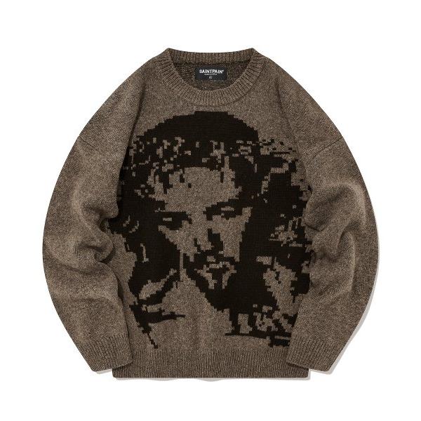 セイントペイン(SAINTPAIN)    SP SOFT JACQUARD CROWN OF THORNS KNIT-BROWN