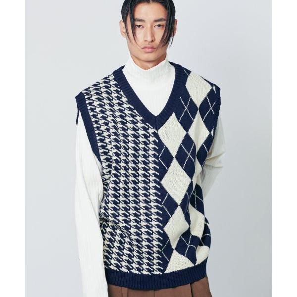 SSY(エスエスワイ) Argyle & hound check knit vest navy