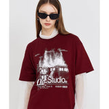 Odd Studio (オッドスタジオ)  Burning House Graphic Over fit T-shirt - brick