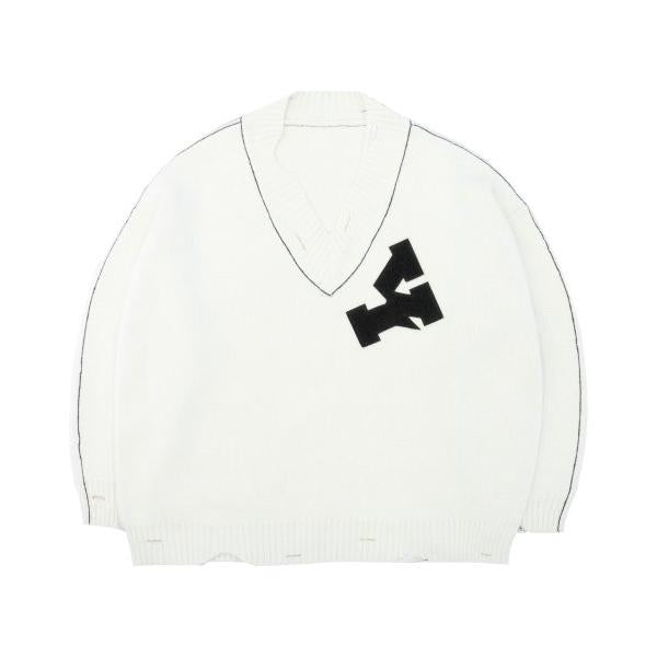 オーワイ(OY) 		OVERSIZE DESTROYED LOGO V NECK KNIT-IVORY