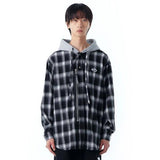 オーワイ(OY) CHECK ZIPPER HOODIE SHIRTS-BLACK/WHITE