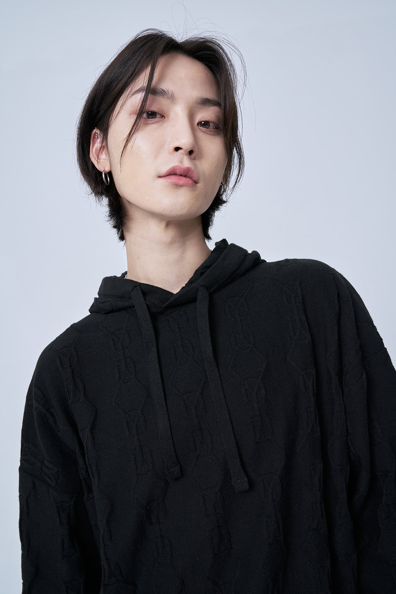 オーワイ(OY) MONOGRAM LOGO KNIT HOODIE-BLACK